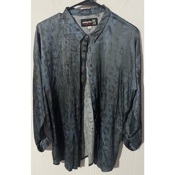 Pete & Greta Johnny Was Leopard Print Silk Blend Blouse Size Small Blue - Picture 1 of 6